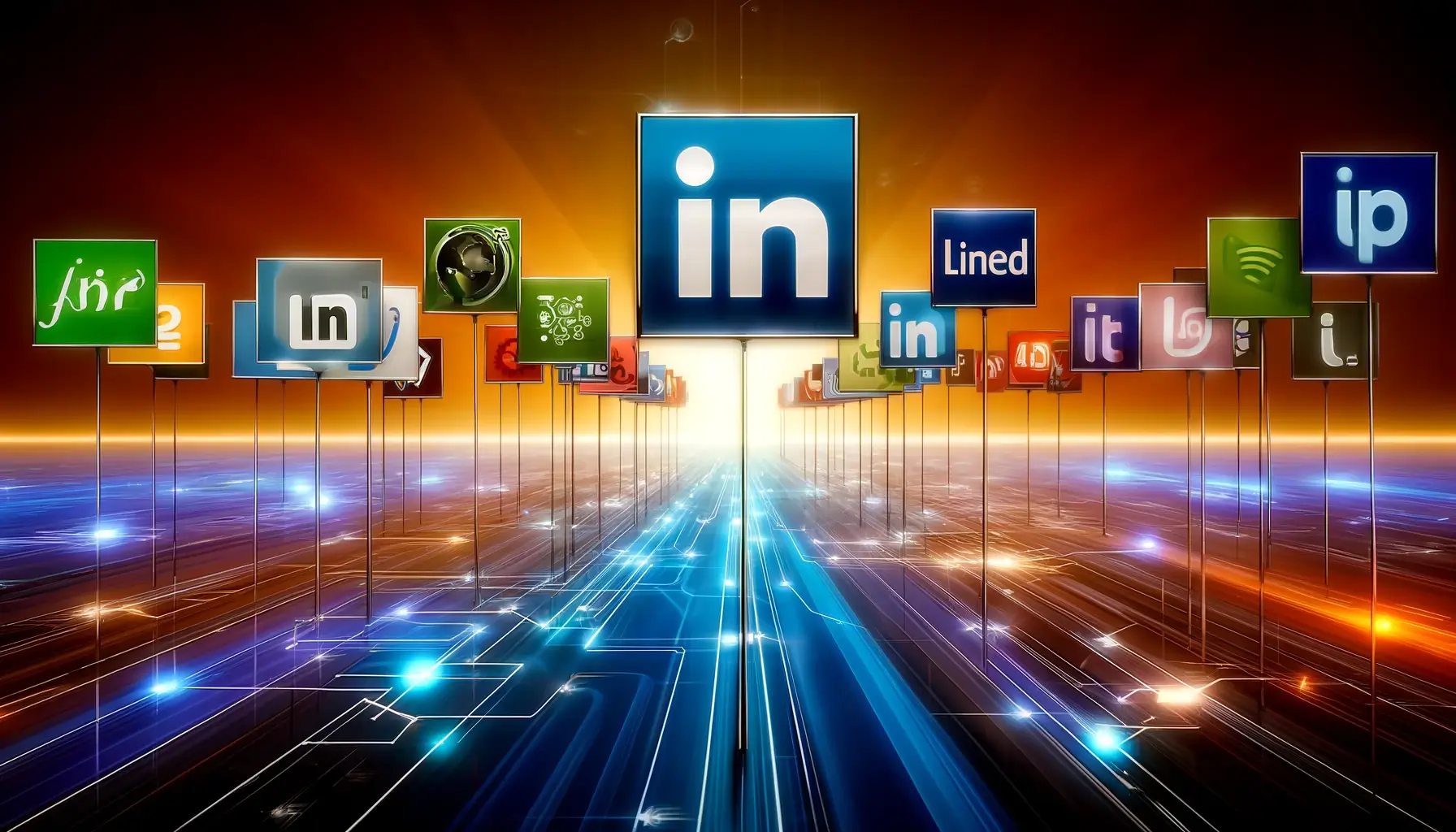 A glowing futuristic digital landscape features the LinkedIn icon prominently in the center, surrounded by various other app icons on posts. The background is illuminated with bright light and circuit-like patterns, giving a high-tech feel.