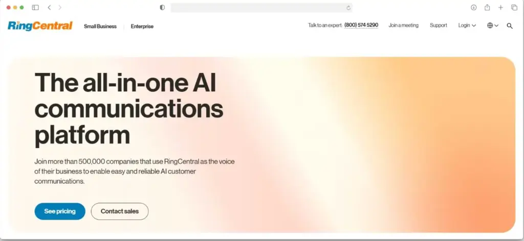Homepage of RingCentral, a Vonage alternative